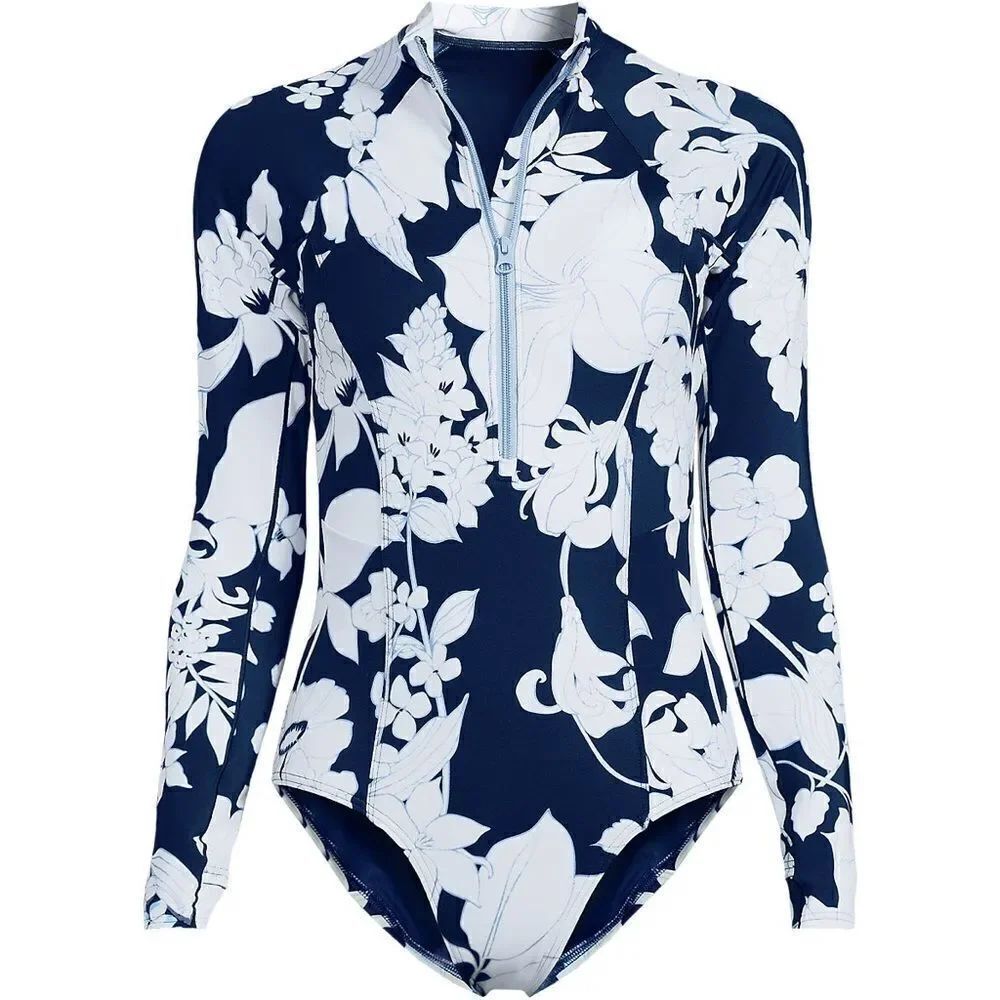 Land's End Plus Standard long sleeve zip one piece swim sea navy white Lily Var